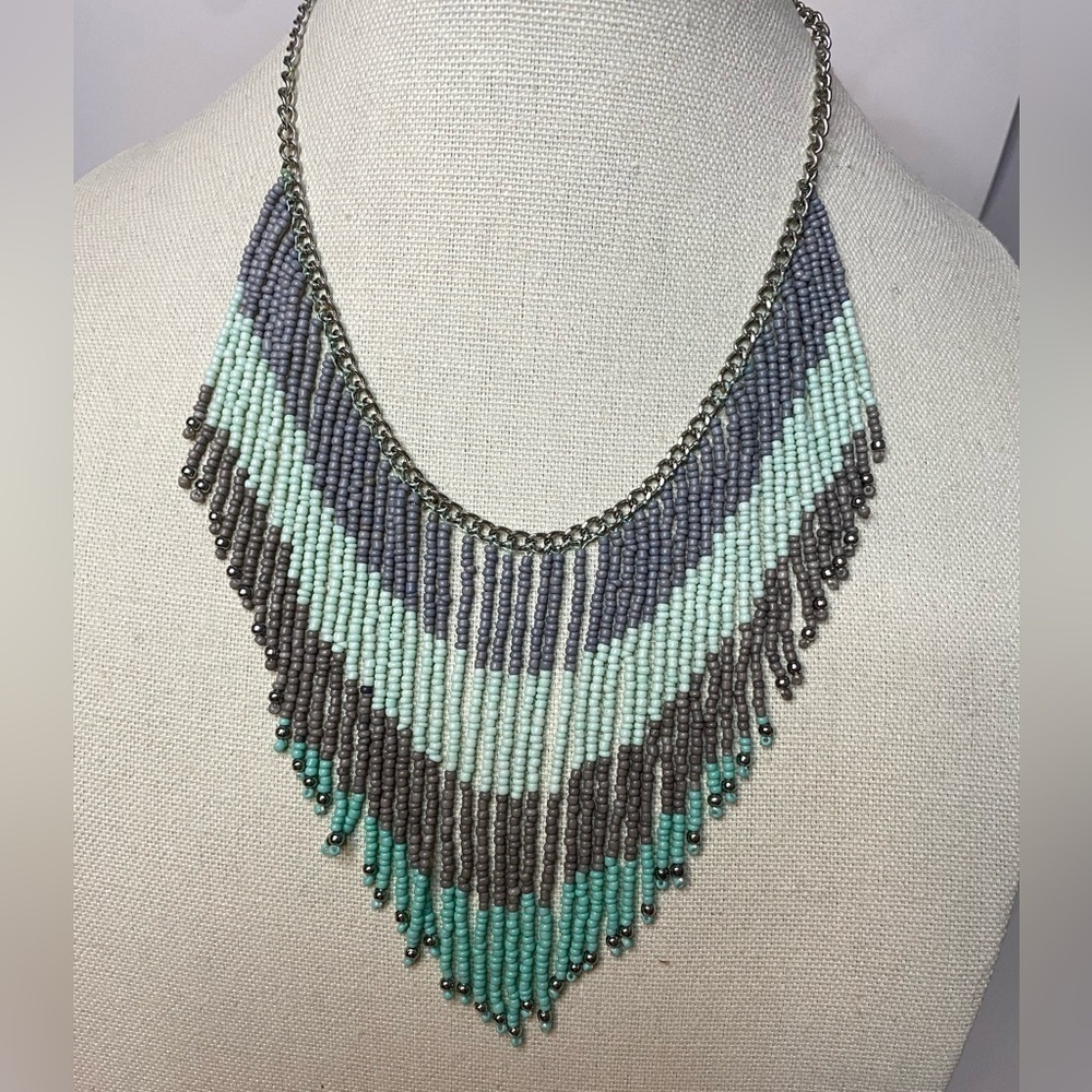 Teal, turquoise, grey beaded statement necklace - silver tone findings